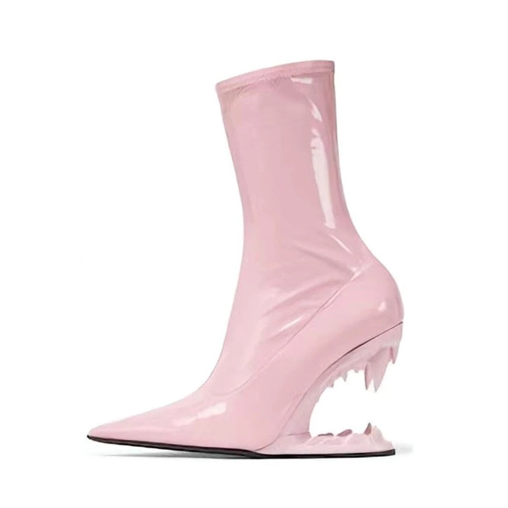 Metal Hollow Fangtooth Giant Tooth Tiger Tooth Profiled Heel Knitted Elastic Bootie