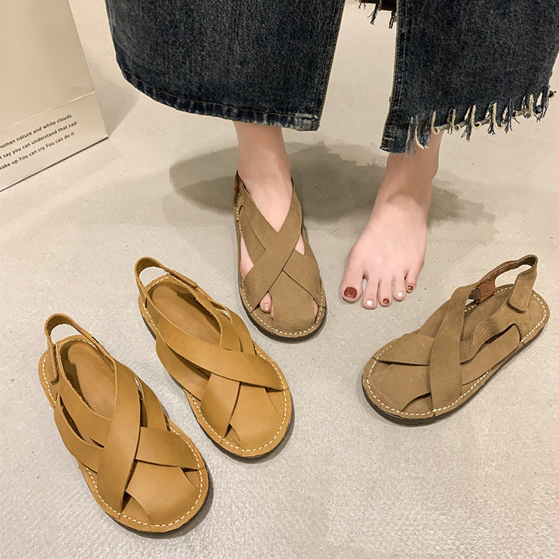 Retro Solid Color Handmade Woven Flat Round Head Leisure Roman Shoes