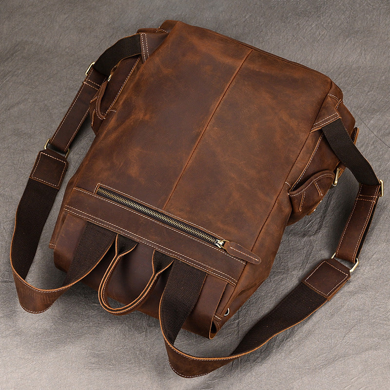 Large Capacity Crazy Horse Leather Backpack Travel Outdoor Flip