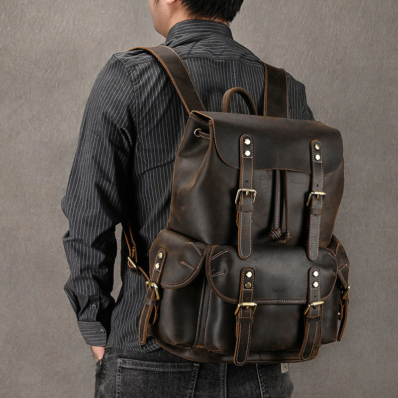 Large Capacity Crazy Horse Leather Backpack Travel Outdoor Flip