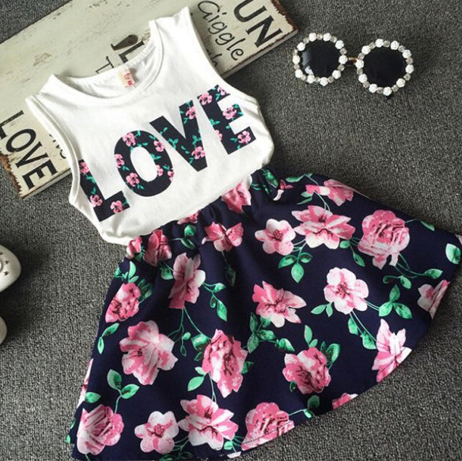 Girls Alphabet Flower Sleeveless Vest Floral Short Skirt 2-Piece Set