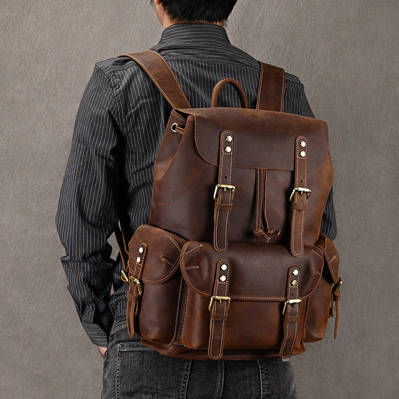 Large Capacity Crazy Horse Leather Backpack Travel Outdoor Flip
