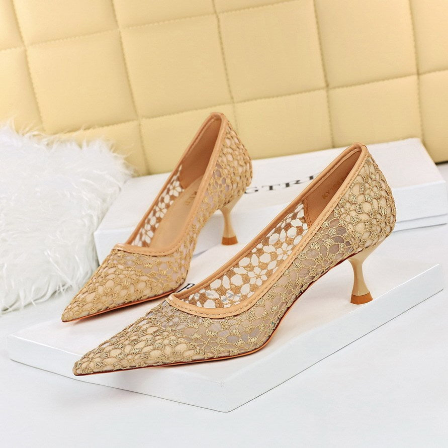Women's Stiletto High Heel Shallow Mouth Pointed Toe Lace Shoes