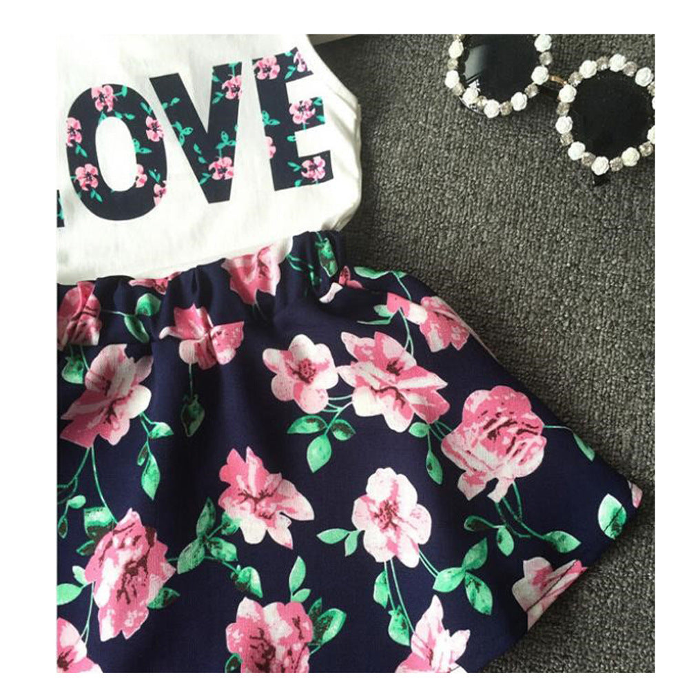 Girls Alphabet Flower Sleeveless Vest Floral Short Skirt 2-Piece Set