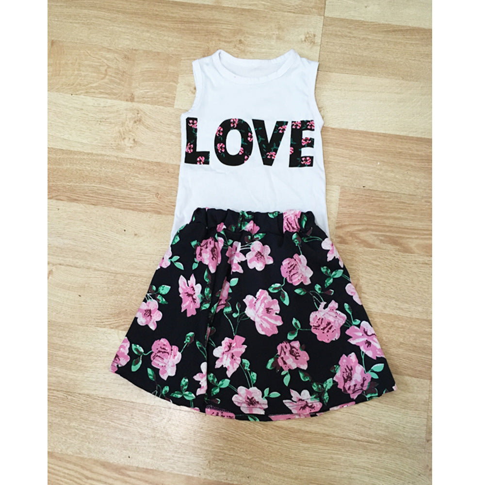 Girls Alphabet Flower Sleeveless Vest Floral Short Skirt 2-Piece Set