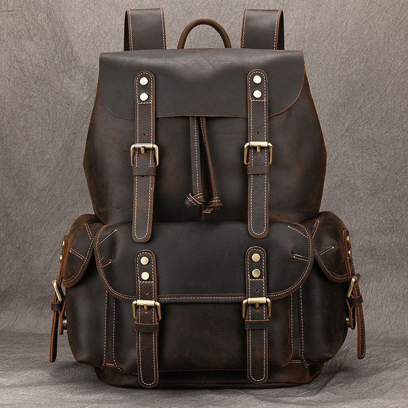 Large Capacity Crazy Horse Leather Backpack Travel Outdoor Flip