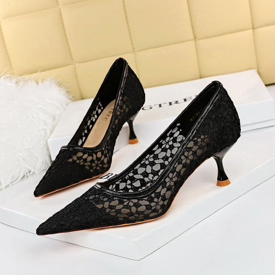 Women's Stiletto High Heel Shallow Mouth Pointed Toe Lace Shoes