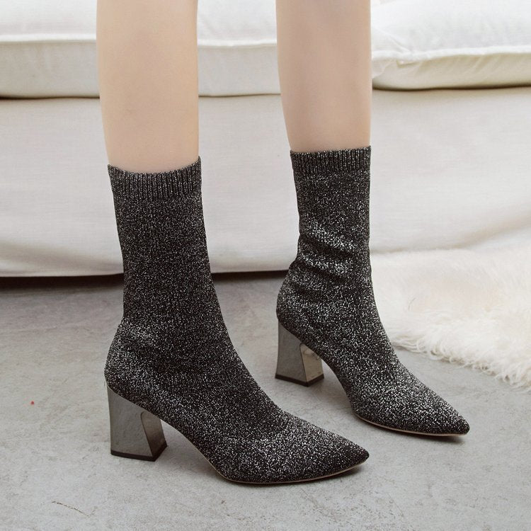 New Women's Pointed Toe Mid-tube Fashion High Heel Boots