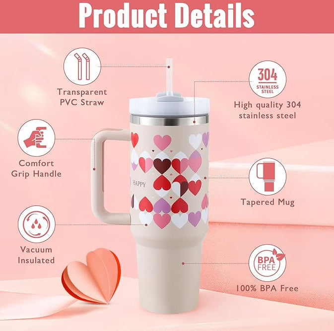 40 Oz Tumbler With Handle Straoffee Cup Tumbler With Lid Tapered Mug Gifw Insulated, Stainless Steel Spill Proof Vacuum Cts For Valentine Lover Suitable For Car Gym Office Travel