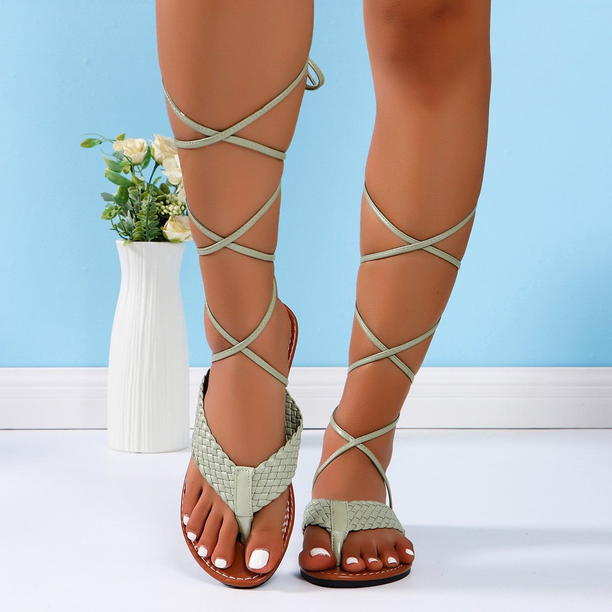 Roman Style Flip-toe Flat Cross Lace-up Cutout Women's European And American Stylish Women's Sandals