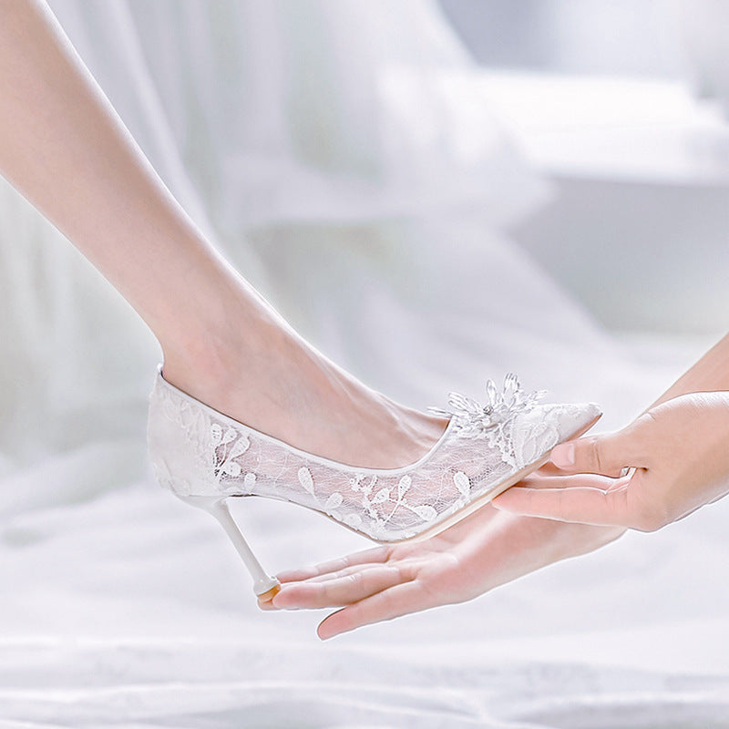 Women's White High Heels Wedding Dress Crystal