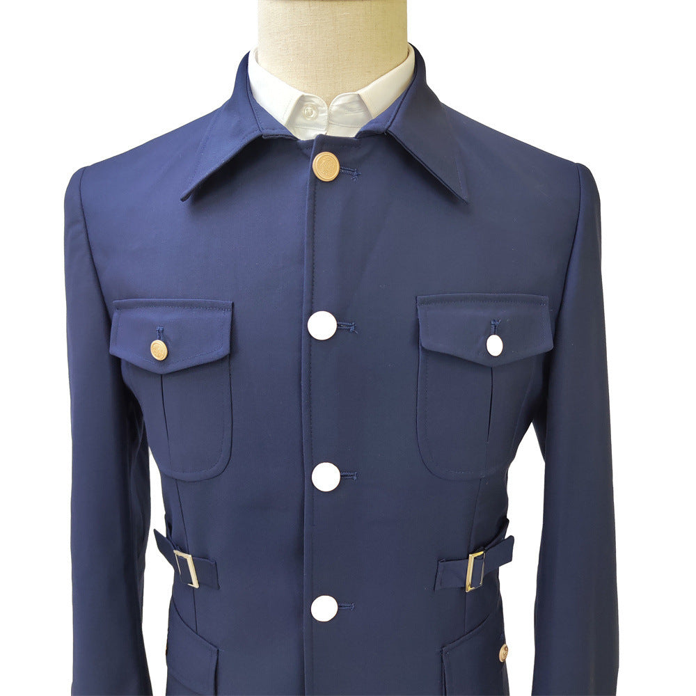 Slim-fit Zhongshan Suit Navy Blue Men's Suit Two-piece Suit