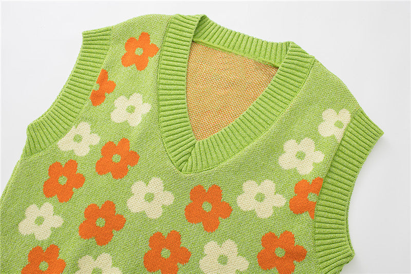 Women's Fashion Preppy Floral Pattern Knitted Cotton Green Vest