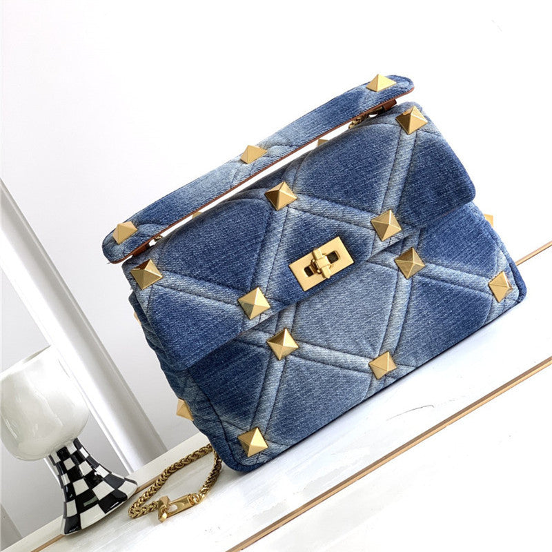 Denim With Cowhide Bag Large Rivet