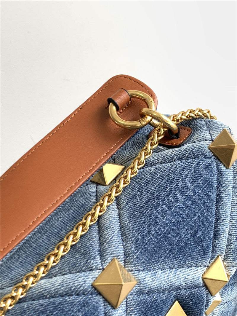 Denim With Cowhide Bag Large Rivet