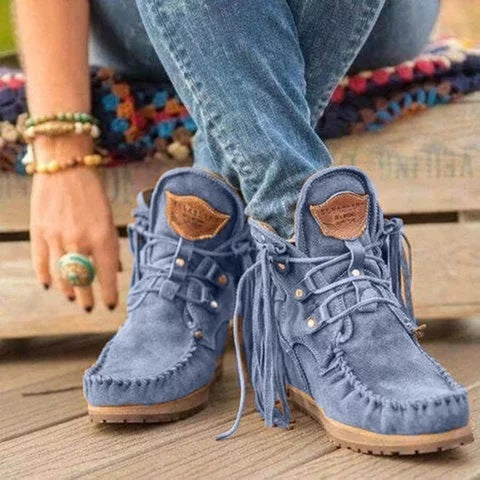 Winter Thick-Soled Fringed Lace-Up Women's Short Boots