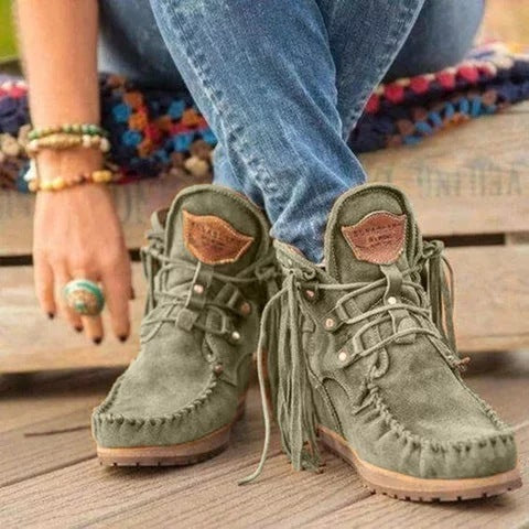Winter Thick-Soled Fringed Lace-Up Women's Short Boots
