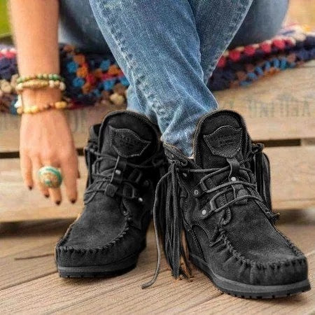Winter Thick-Soled Fringed Lace-Up Women's Short Boots