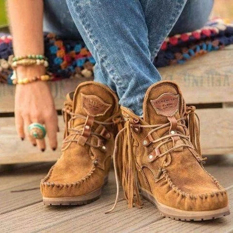 Winter Thick-Soled Fringed Lace-Up Women's Short Boots