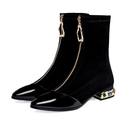 Women's Mid-Heel Mid-Tube Front Zipper Thin Boots