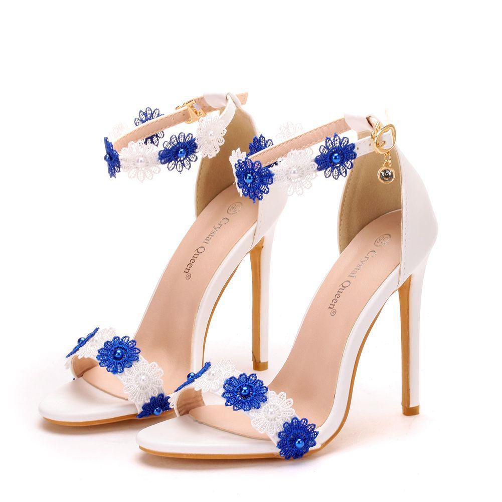 11Cm Lace Beaded Sandals Stiletto Large Size Open Toe Hollow One-Word Buckle Sandals Female High Heels