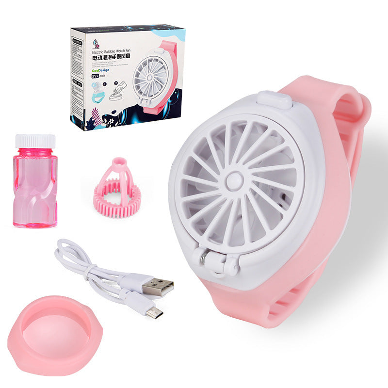 Children's Watch Automatic Bubble Blowing Machine Mini Portable USB Charging Spray Three-speed Watch Fan