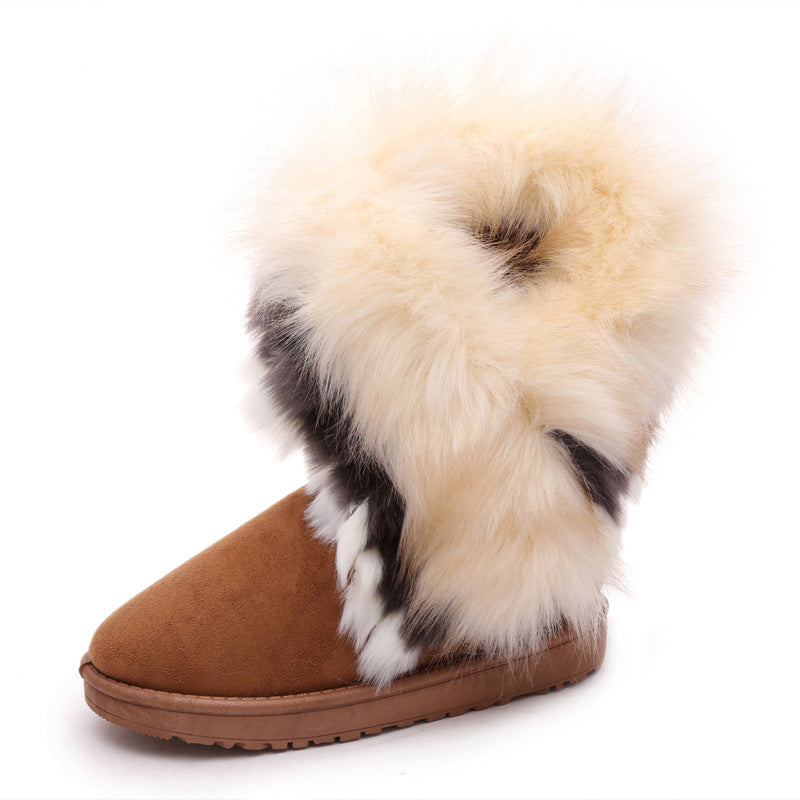 Oversized fox fur thick-soled non-slip boots tassel rabbit fur snow boots women's shoes