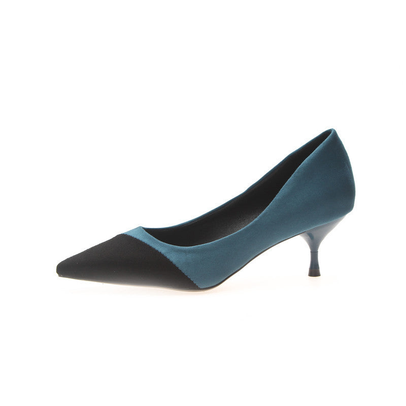 Stitching High Heels Pointed Toe Stiletto Women's Single Shoes Suede Over-feet Low-top Shoes