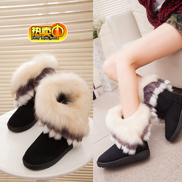 Oversized fox fur thick-soled non-slip boots tassel rabbit fur snow boots women's shoes