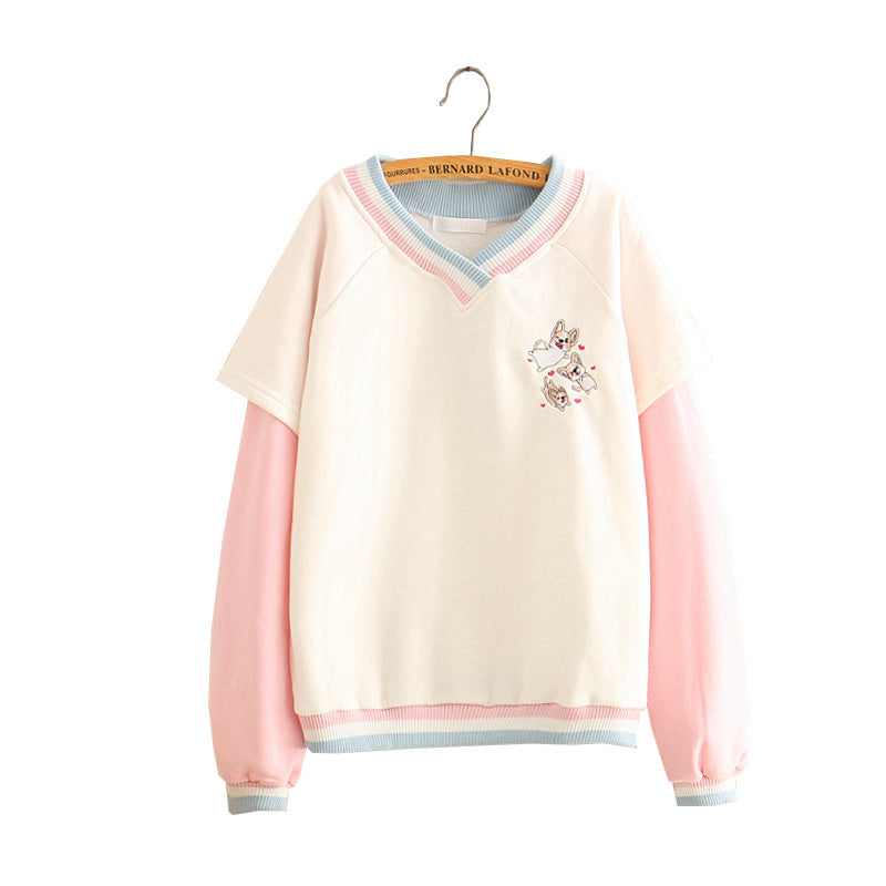 College stitching fake two-piece V-neck sweater