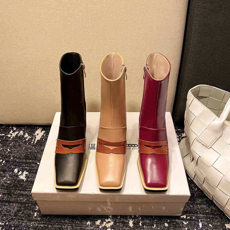 Thick-heeled Square-toed Boots Cowhide Retro Fashion All-match Leather Boots