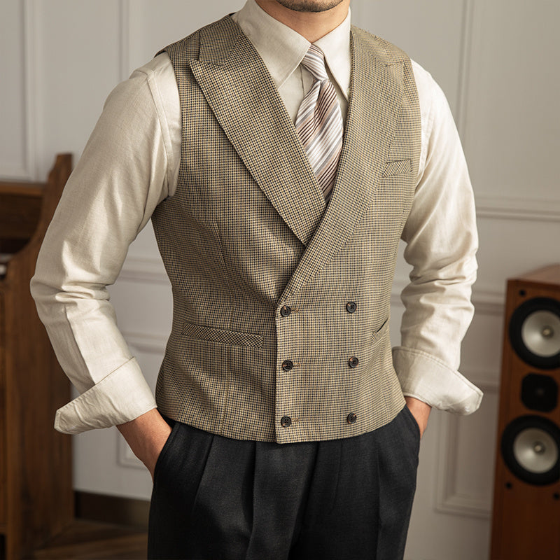 Double Breasted Casual Wedding Houndstooth Waistcoat