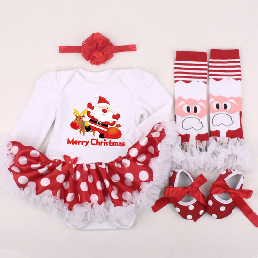 Christmas Newborn Baby Shoes Wearing Long Sleeve Dress