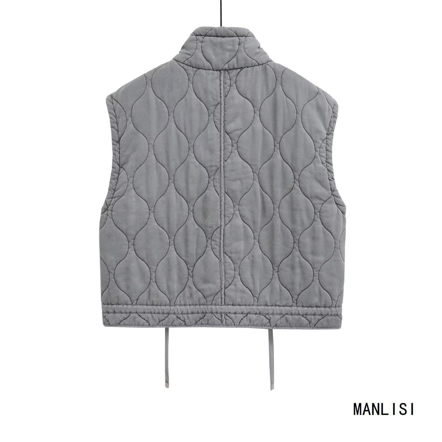 Women's Stand Collar Casual Sleeveless Gray Cotton Clothes Vest