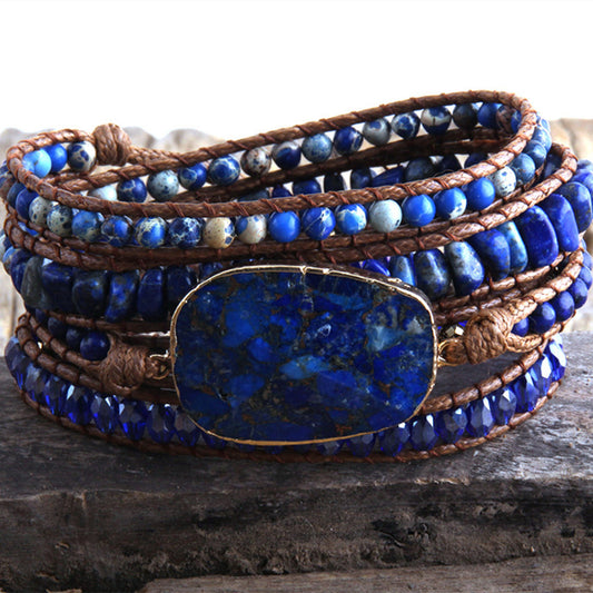 Vintage Natural Cut Angle Emperor Stone Leather Bracelet