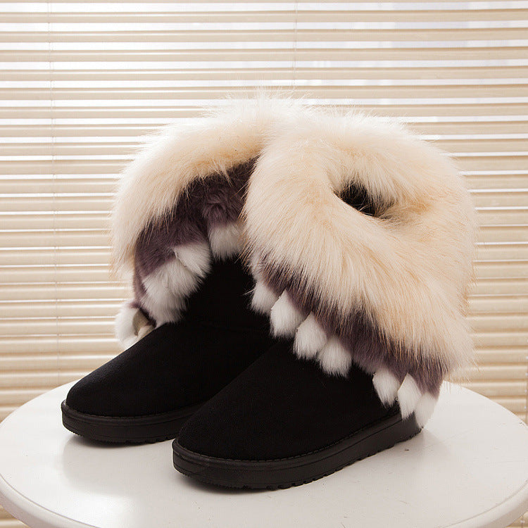 Oversized fox fur thick-soled non-slip boots tassel rabbit fur snow boots women's shoes