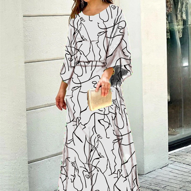 2pcs Women's Dress Suits Fashion Loose Printed Long Sleeve Top And High Waist Long Skirt