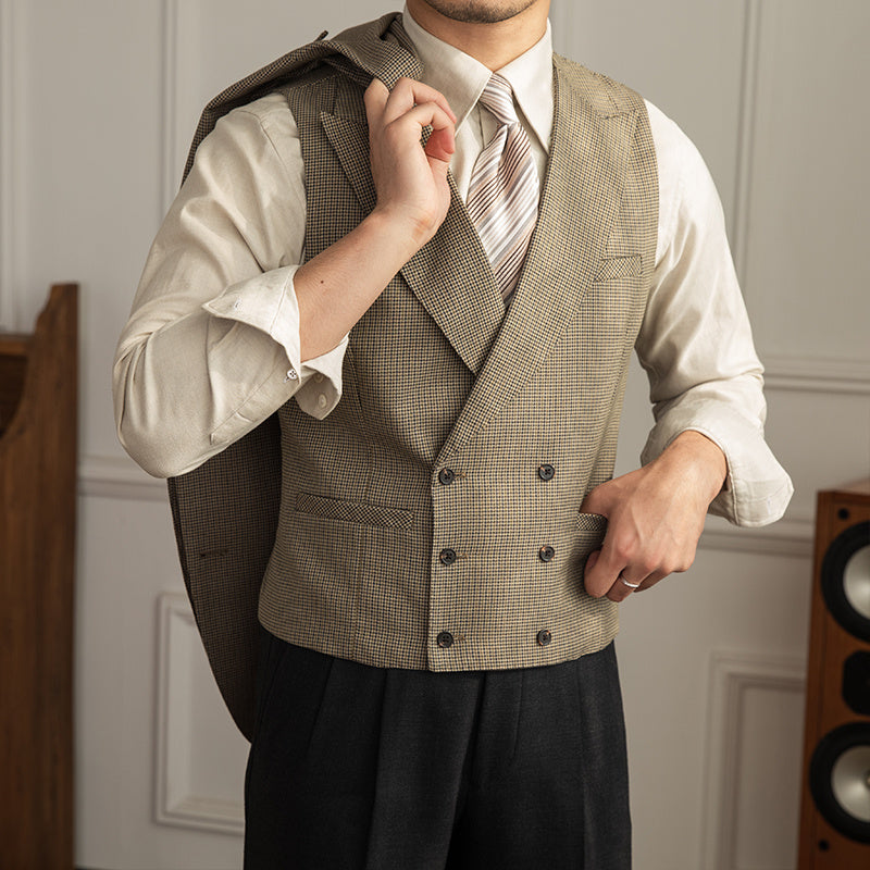 Double Breasted Casual Wedding Houndstooth Waistcoat
