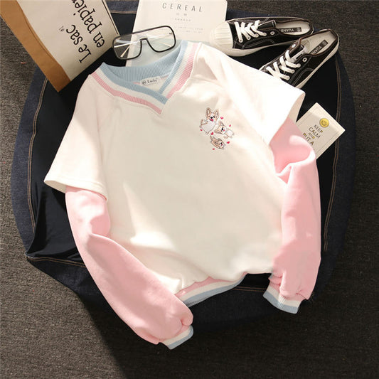 College stitching fake two-piece V-neck sweater