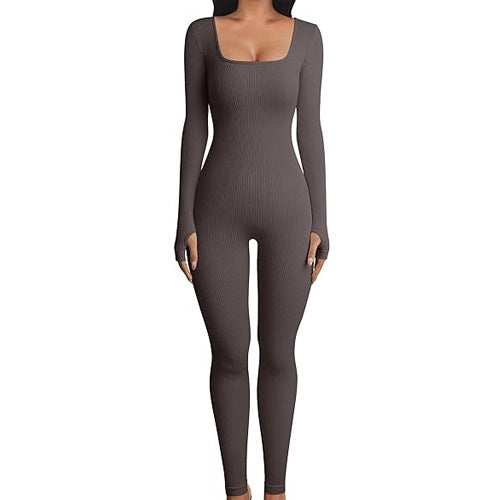 Women's Yoga Sports Fitness Jumpsuit Workout Long Sleeve Square Collar Clothing