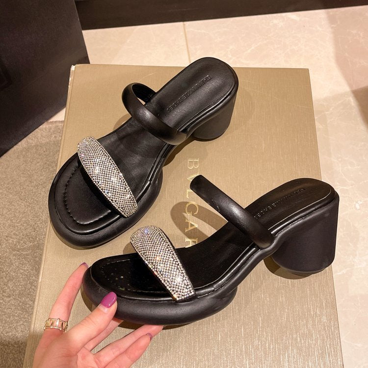 Thick Heel Sandals With Rhinestones