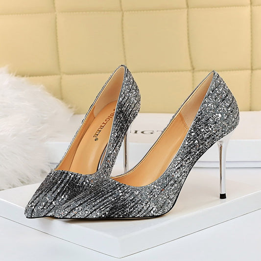 Shiny High Heels Women's Large Stiletto Heel 10cm Gradient Sequin Pointed Toe Shoes