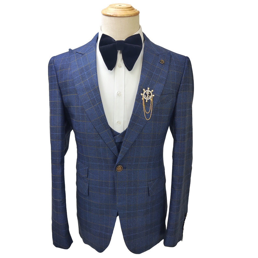 Business Slim-fit Plaid Striped Men's Suit Set