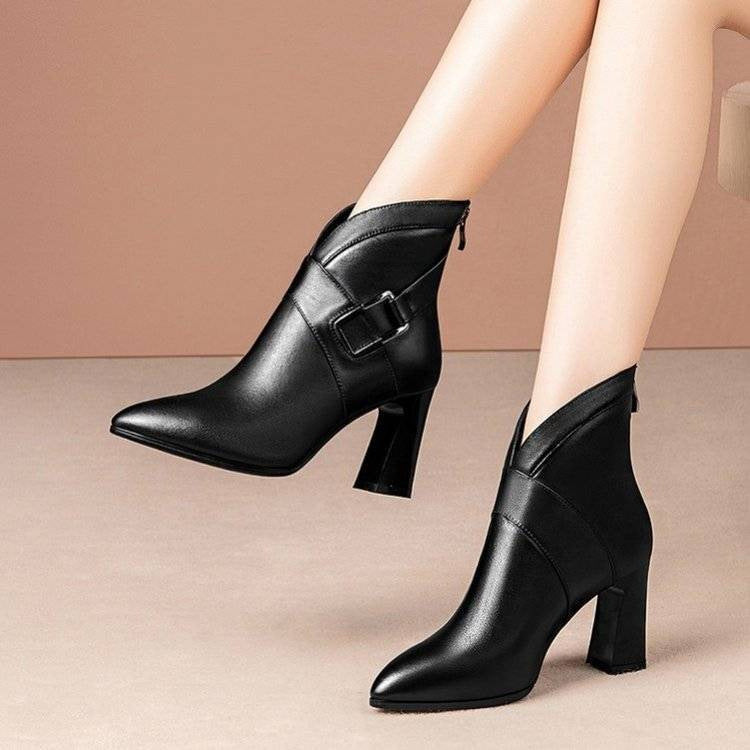 Women's Thick Heel High-top Shoes Fashion Leather Ankle Boots