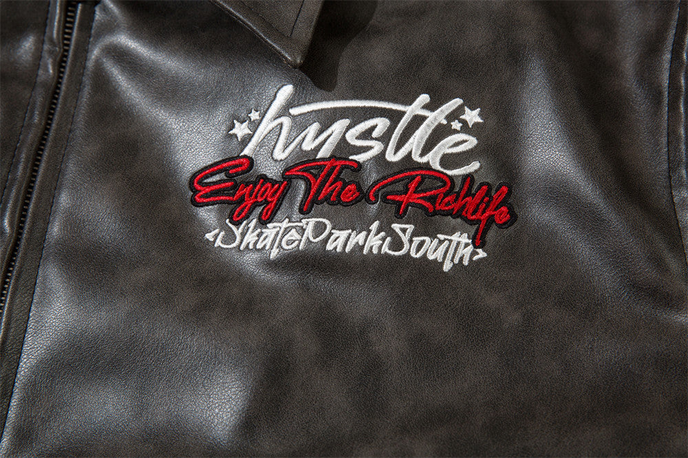 American-style Old Embroidery Letters Loose Leather Coat Men