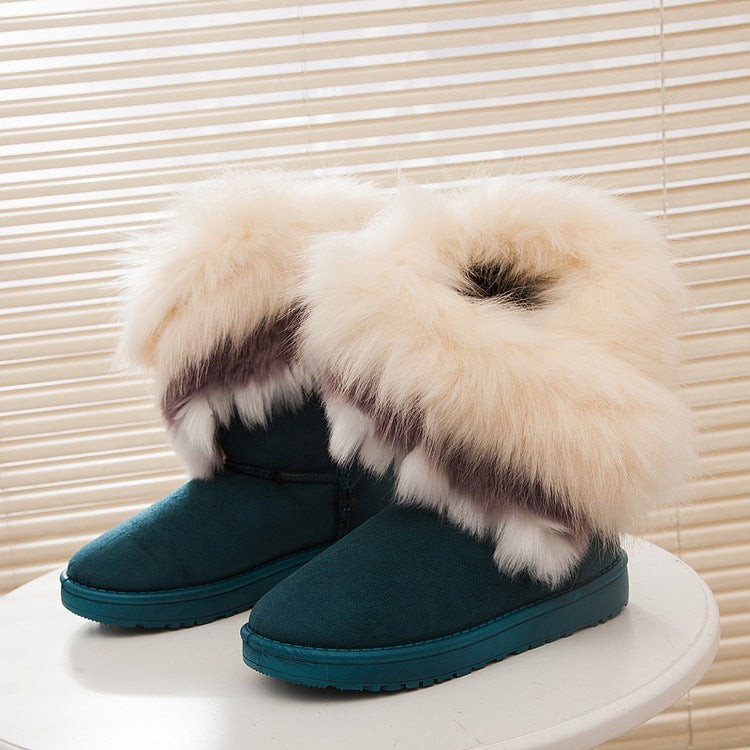 Oversized fox fur thick-soled non-slip boots tassel rabbit fur snow boots women's shoes