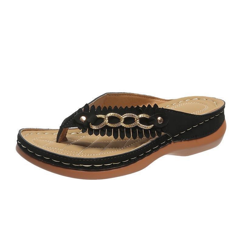 Round Head Hollow Metal Buckle Wedge Outdoor Pure Color Comfort Flip Flops