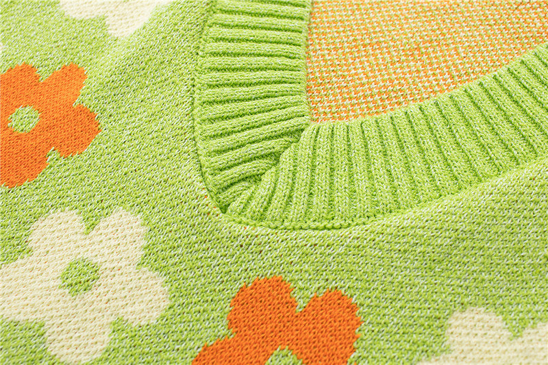 Women's Fashion Preppy Floral Pattern Knitted Cotton Green Vest