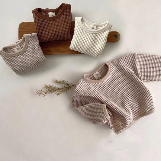 Babies And Young  Loose Pullover T-sChildren's Simple Wafflehirt