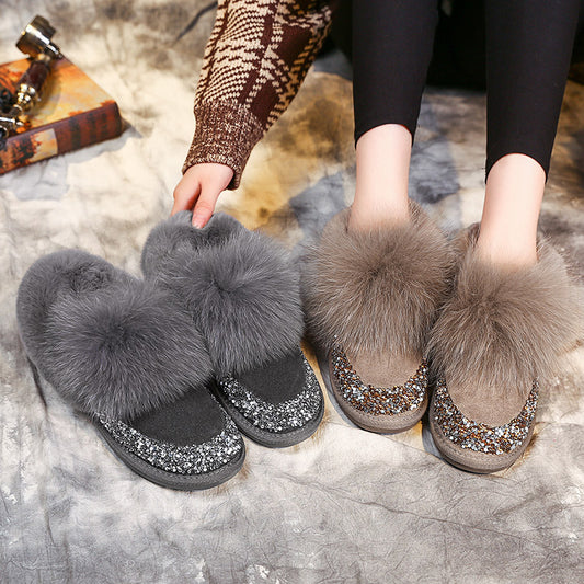 Fox Fur Shallow Mouth Short Boots New Snow Women